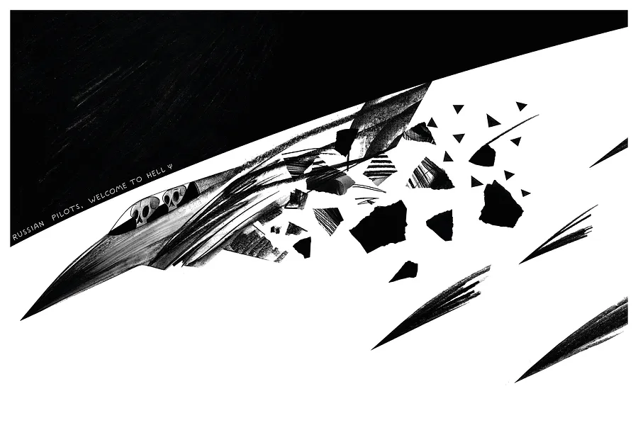 Зображення "russian pilots welcome to hell" від євген григор'єв, матеріали: друк на плівці, медіум: Графіка, місто: Львів, серія: "Poisoning", ціна: €400