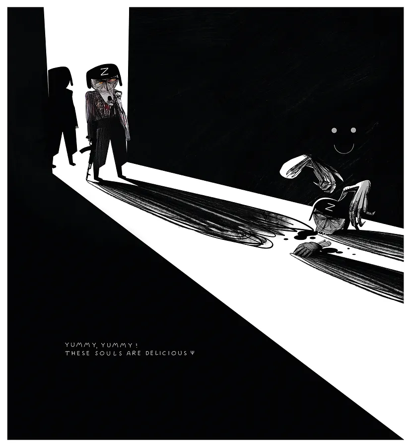 Зображення "yummy, yummy! these souls delicious " від євген григор'єв, матеріали: друк на плівці, медіум: Графіка, місто: Львів, серія: "Poisoning", ціна: €400