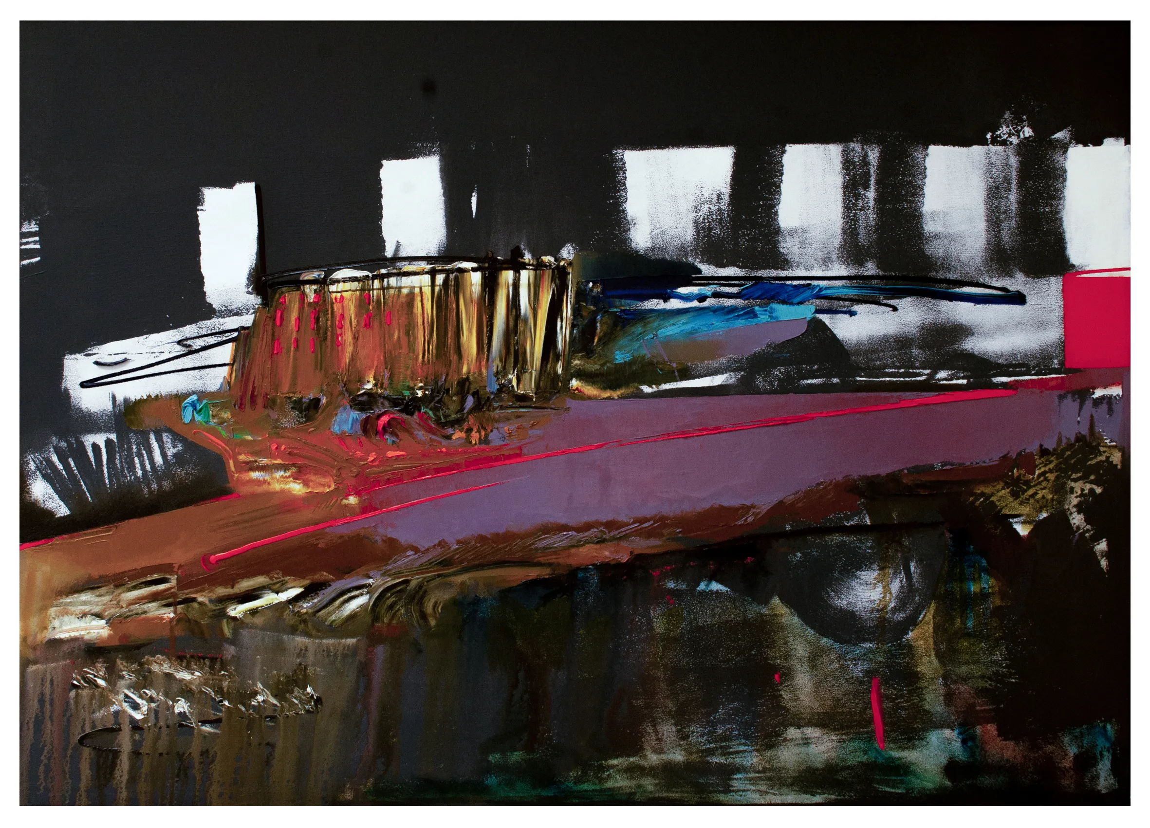 Зображення "червоний автобус" від євген григор'єв, матеріали: Полотно, олія, медіум: Живопис, місто: Львів, серія: "Левітація", ціна: €900