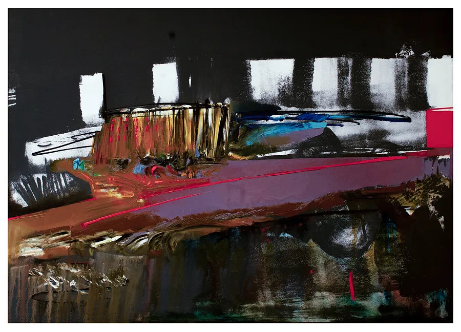 Зображення "червоний автобус" від євген григор'єв, матеріали: Полотно, олія, медіум: Живопис, місто: Львів, серія: "Левітація", ціна: €900